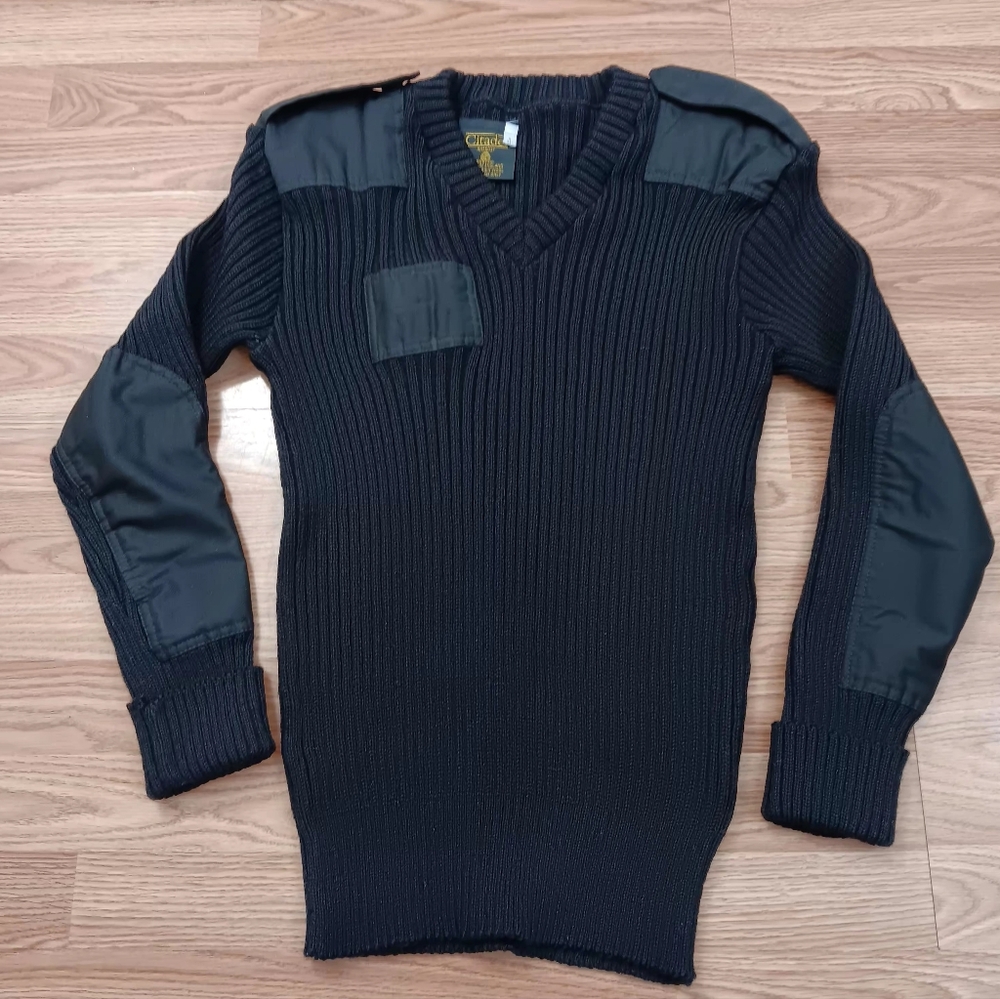 Citadel Sweater Mens 44 Black 100% Virgin Wool Military Elbow Patches V Neck
